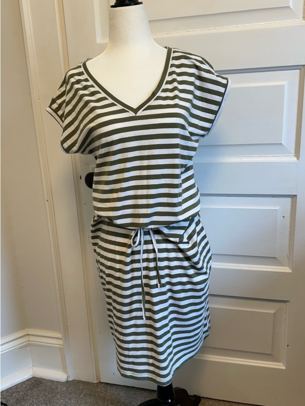 Super soft b.young V-Neck Drawstring Waist Dress - Olive & White